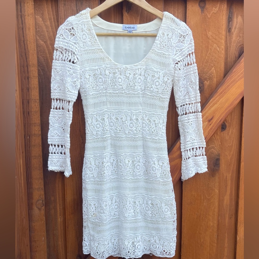 bebe lace mini dress white long sleeve feminine bodycon sexy bridal shower XXS